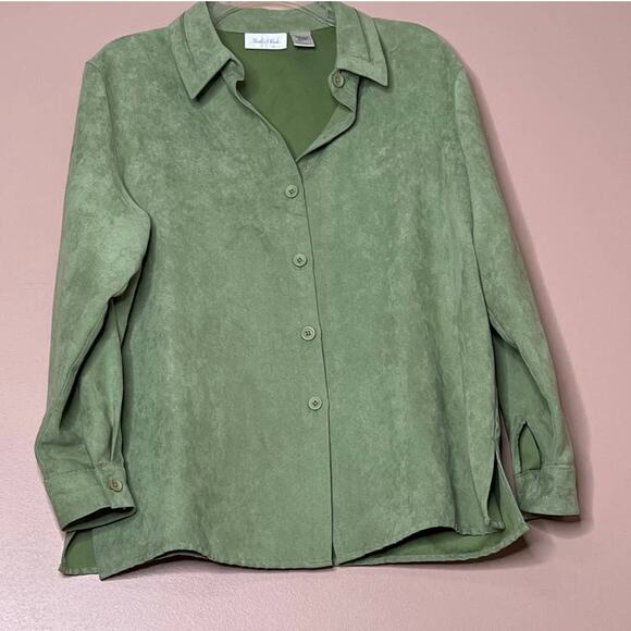 studio works petite textured apple green button front shirt Cuff sleeve sz pl - Picture 7 of 11